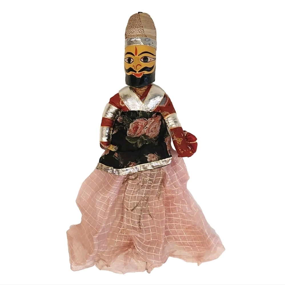 INDIAN STRING PUPPET Rajasthani Kathputli Hand-painted Antique Doll Wood Chiffon